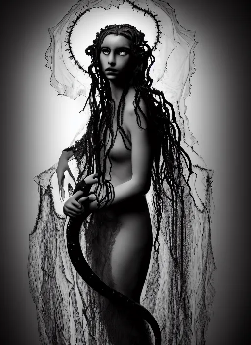 Image similar to surreal mythical dreamy dark artistic black and white fine art photo of a beautiful young female angel - medusa - mermaid - cyborg covered with translucent algae, highly detailed, lace web, rim light, cinematic, studio dramatic light, poetic, octane render, 8 k, photo - realistic, by horst p. horst