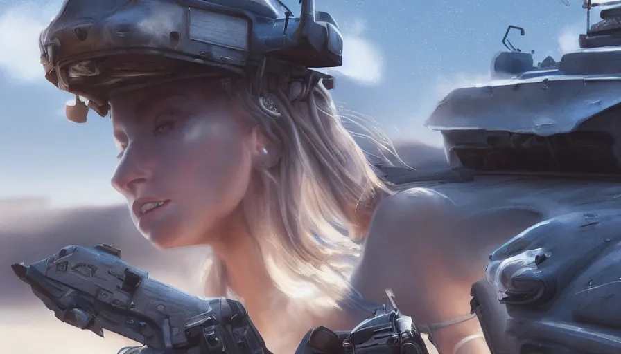 Prompt: a close-up image of a beautiful girl next to an armored vehicle in the desert by Artgerm, atmospheric, concept art, high detail, cinematic, Sci-fi, blue lights, Artstation trending, octane render, 300mm