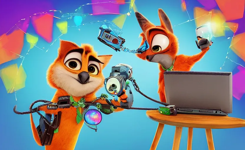 Image similar to “ one cute parrot with very big eyes, wearing a bandana and chain, holding a laser gun, standing on a desk, digital art, award winning, in the style of the movie zootopia ”