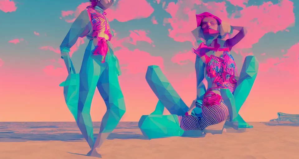 Image similar to fullbody vaporwave art of a fashionable mummy girl at a beach, early 90s cg, 3d render, 80s outrun, low poly, from Hotline Miami