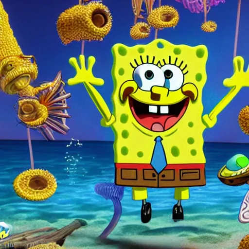 Image similar to spongebob bikini bottom, intricate detail, hieronymous bosch, whealan, hd, unreal engine