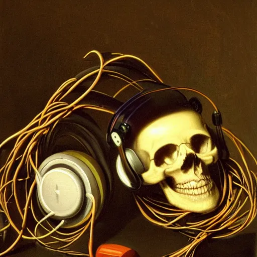 Image similar to a painting by Thomas Cole of a skull wearing headphones connected with many wires and coords to an old computer terminal, highly detailed