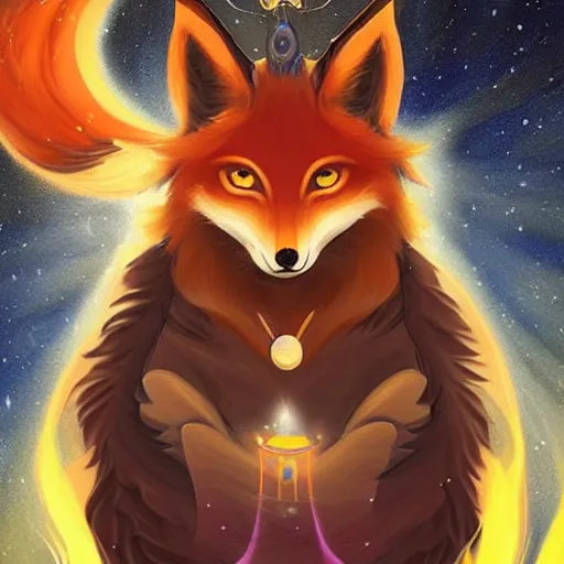 Image similar to a stylized painting for an avatar portrait of an awesome cosmic powerful anthropomorphic kitsune fox mage themed around death and the stars and the cosmos, in the style of dnd beyond avatar portraits, beautiful, artistic, elegant, lens flare, magical, lens flare, nature, realism, stylized, art by jeff easley