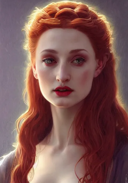 Image similar to sansa angeline jolie gessica chastain victorian vampire, intricate, elegant, highly detailed, digital painting, artstation, concept art, smooth, sharp focus, illustration, art by artgerm and greg rutkowski and alphonse mucha and william - adolphe bouguereau