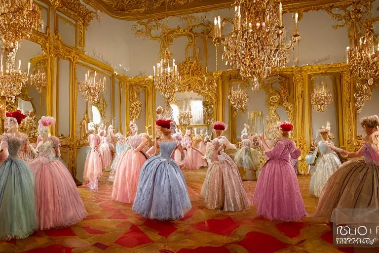 Image similar to in the versailles hall of mirrors, queen marie - antoinette dances in the foreground with her ladies - in - waiting at a masked ball. all high ladies are dressed in colourful, opulent robes embroidered with glittering sequins. the hall of mirrors features ornate crystal chandeliers with glowing candles and golden ornaments. photorealism red velvet curtains on the windows with night lights outside