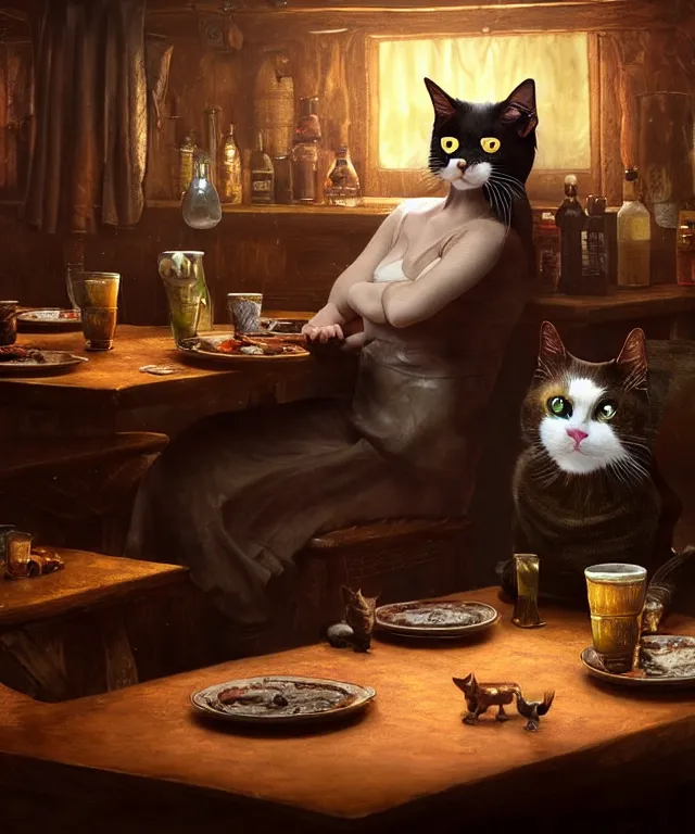 Image similar to hyperrealistic mixed media painting of a creepy smiling cat, dimly lit cozy tavern, leather tunic, confident relaxed pose, d&d, stunning 3d render inspired art by Gerlad Brom and Anna Dittmann + perfect facial symmetry + dim volumetric lighting, 8k octane beautifully detailed render, post-processing, extremely hyperdetailed, intricate, epic composition, grim yet sparkling atmosphere, cinematic lighting + masterpiece, trending on artstation, very very detailed, masterpiece, stunning