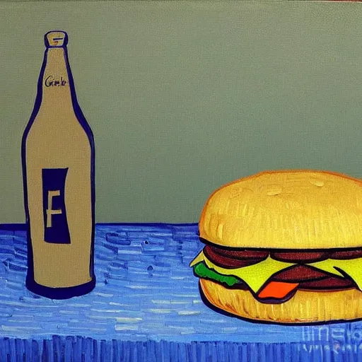 Prompt: cheeseburger menu with fries and coke painting by van gogh