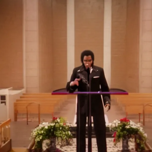 Image similar to cinematic still of Michael Jackson preaching at a Baptist Church in Detroit, close up, shallow depth of field, cinematic