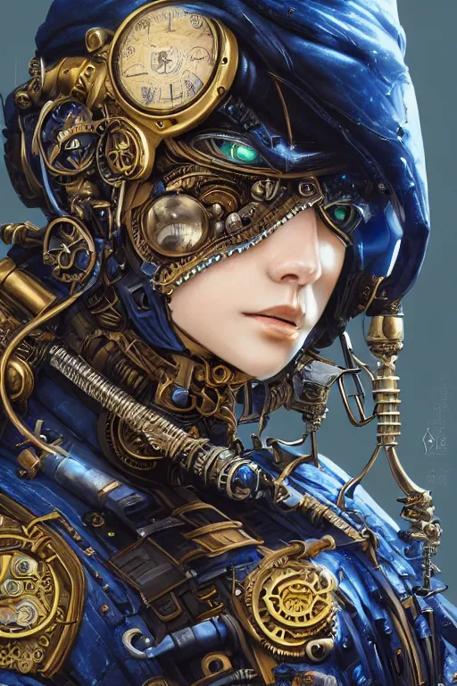 Image similar to Portrait of a steampunk sci-fi cyborg ninja, third person, D&D, sci-fi fantasy, intricate, blue and gold, highly detailed , art by Range Murata, highly detailed, 3d, octane render, bright colors, digital painting, trending on artstation, sharp focus, illustration style of Stanley Artgerm,