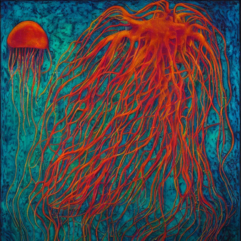 Image similar to Hyperrealistic intensely colored Studio wet collodion Photograph portrait of a deep sea psychedelic bioluminescent jellyfish deep underwater in darkness long exposure, award-winning nature deep sea expressionistic impasto heavy brushstrokes oil painting by Fabian Marcaccio and Jean Dubuffet and Audubon vivid colors hyperrealism 8k