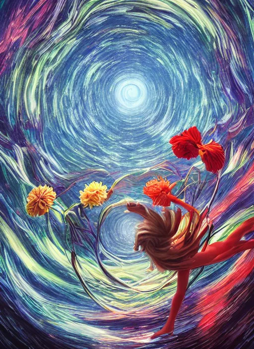 Image similar to An epic fantastic realism comic book style painting of the most beautiful entwined flowers launched across the dark and starry night sky, nebulous bouquets, fisheye lens, unreal 5, DAZ, hyperrealistic, octane render, dynamic lighting