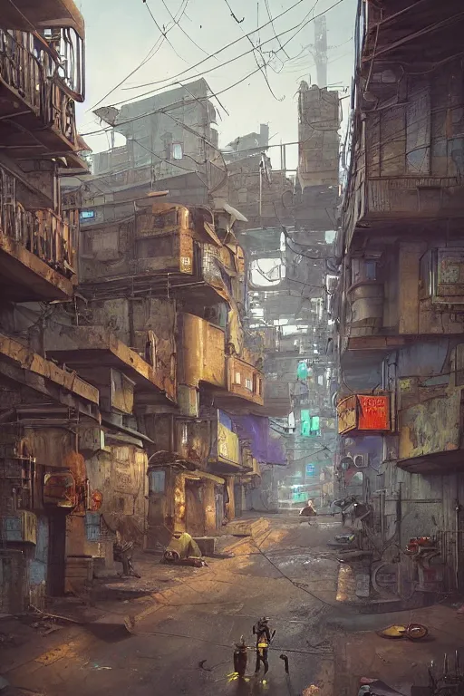 Image similar to a industrial STEAMPUNK CITY Street scenery in the FAVELAS, signs, billboards and cable Connecting MULTI LVL BUILDINGS, rendered by simon stålenhag, rendered by Beeple, Makoto Shinkai, syd meade, environment concept, digital art, starwars, raphael lacoste, eddie mendoza, alex ross, concept art, cinematic lighting, , unreal engine, 3 point perspective, WLOP, trending on artstation, low level, 4K UHD image, octane render,