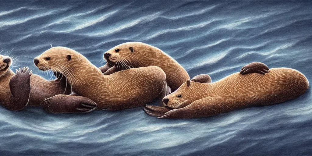 Prompt: otters hold hands while they sleep so nobody will drift away to the sea during the stormy night , fantasy illustration, cinematic, award winning, romantic, detailed trending on artstation, masterpiece