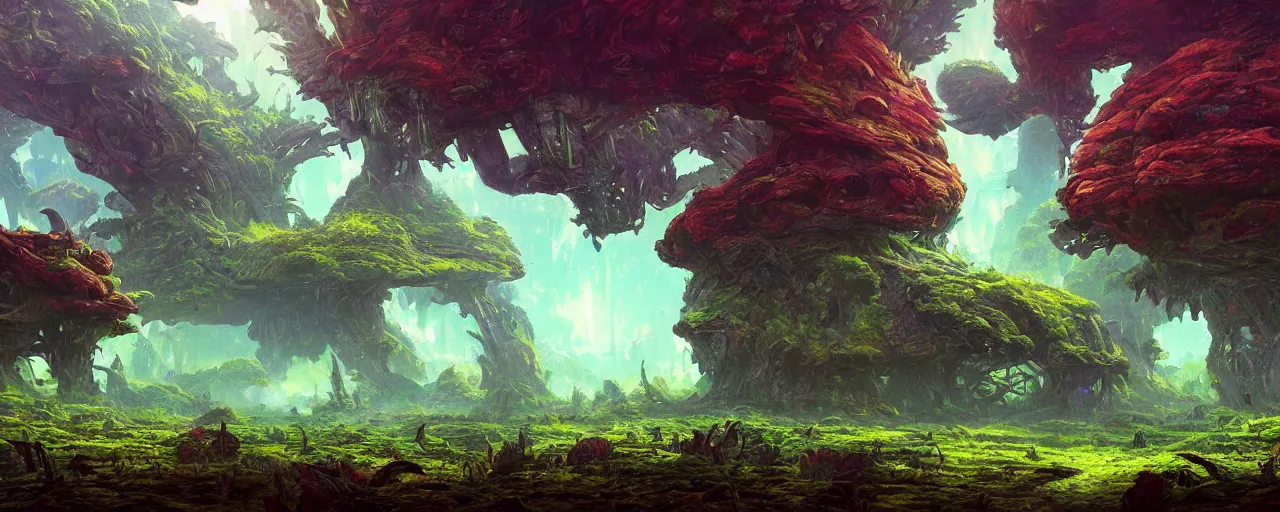Prompt: ” mysterious alien landscape covered in foliage, [ lush, cinematic, detailed, epic, widescreen, opening, establishing, mattepainting, photorealistic, realistic textures, octane render, art by slop and paul lehr ] ”