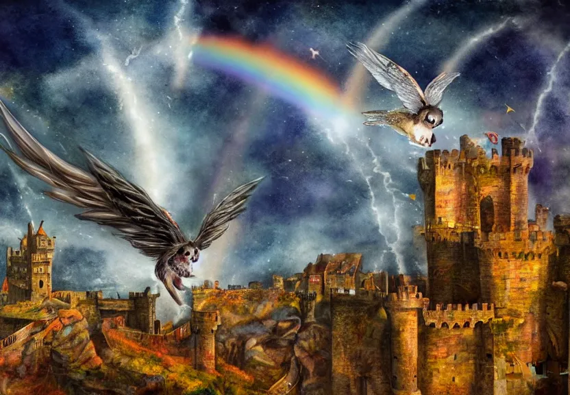 Image similar to legendary rainbow winged possum flying over a medieval castle at night under the dark starred sky, dark fantasy, watercolor, dreaming illusion, highly detailed, 4k, trending on Artstation