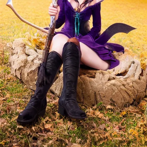 Image similar to young woman witch with magic wand and broom cosplay, she wears boots, full body shot, detailed face, photo taken by nikon, 4k, high quality, very detailed, intricant