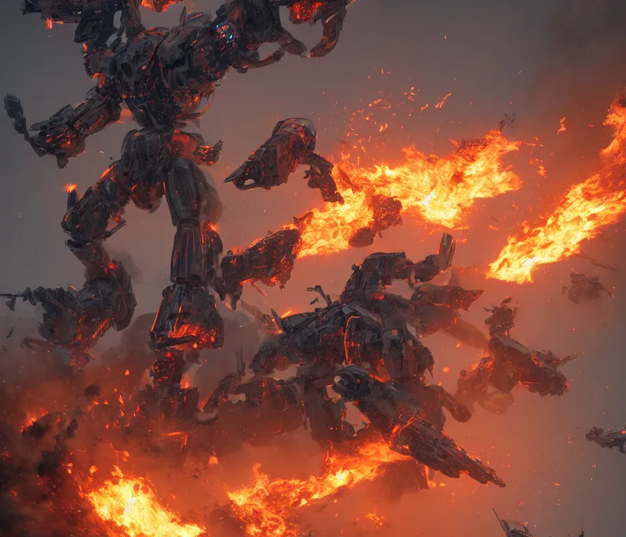 Prompt: a beautiful hyperrealistic detailed 3 d render of burning mechs in a far realm war, by anton otto fischer, atey ghailan, unreal engine, octane render, gigantic, 3 d, brilliantly coloured, intricate, ultra wide angle, trending on artstation, volumetric lighting, hdr, polished, micro details, ray tracing, 4 k