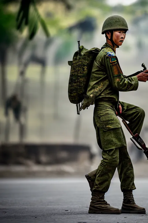 Prompt: vietnam soldier with skateboard, pulitzer award, captured by nikon d 8 5 0, 4 k, full body perfect. by daniel berehulak
