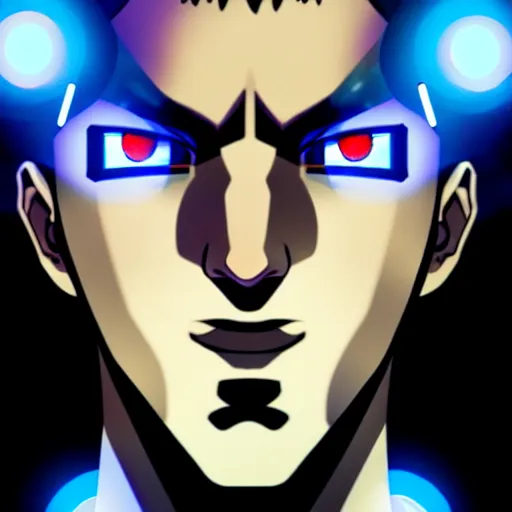 Image similar to a highly detailed portrait of a man with navy blue hair and blue glowing eyes, blue transparent cubes in backround, high detail clothing, concept art, anime, artstation, professional drawing