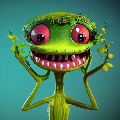 Prompt: cute anthropomorphic venus flytrap carniverous plant creature with many leaf arms and vine legs and big eyes detailed character concept 3 d pixar style render 4 k