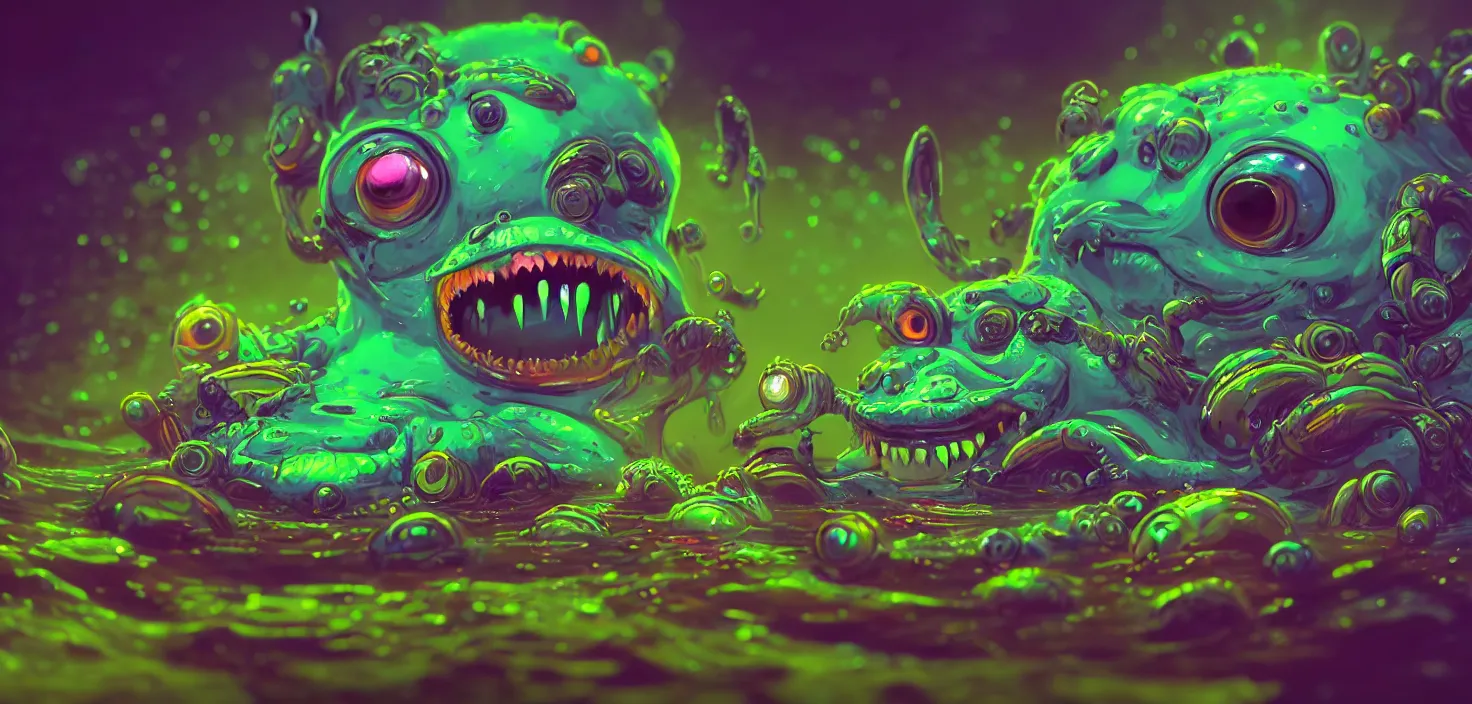 Prompt: intricate colourful murky with strange cute friendly angry crazy neon creatures with huge sci - fi eyes long tongue triangle teeth and scary face appearing from the water, in the style of craola, macro lens, shallow depth of field, highly detailed, digital painting, trending artstation, concept art, illustration, cinematic lighting, vibrant colors, photorealism, epic, octane render