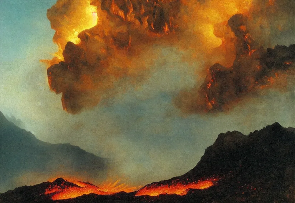 Prompt: a beautiful painting of a volcano oozing lava, pyroclastic clouds forming by albert bierstadt, high resolution, excellent contrast, morning