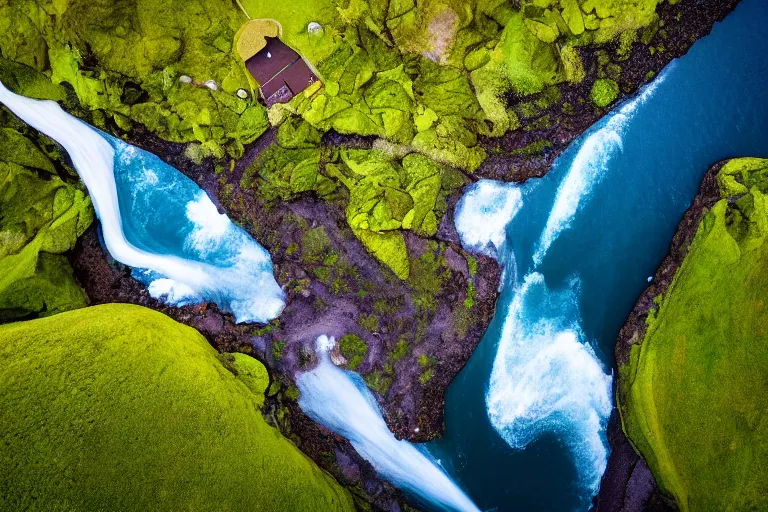 Image similar to drone shot photo of a landscape with mountains, waterfalls, wallpaper, very very wide shot, blue glacier, iceland, new zeeland, green flush moss, national geographic, award landscape photography, professional landscape photography, sunny, day time, beautiful