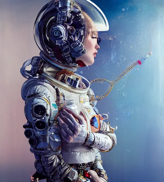 Image similar to hyperrealistic portrait of a woman monster astronaut, sofia coppola, cyberpunk, well lit, intricate abstract. gucci style, intricate artwork, high detail, figurative art, multiple exposure, poster art, 3 d, by stanley kubrick and tooth wu and wlop and beeple, realistic, hyperdetailed, 8 k resolution.