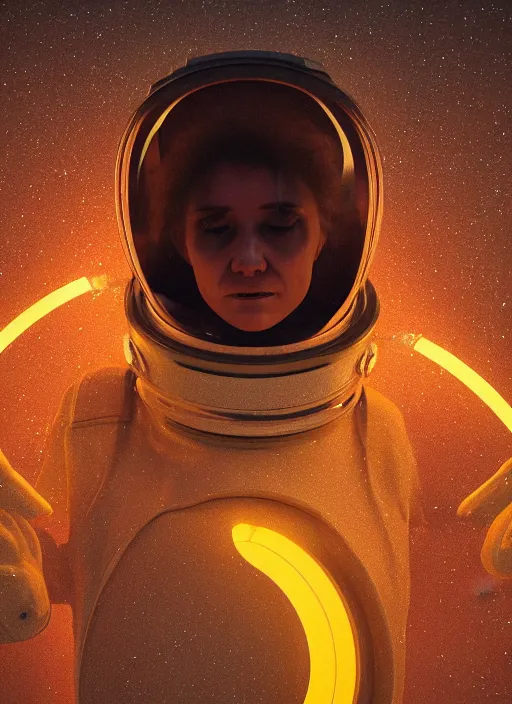 Prompt: a woman in a space suit with a yellow light on her head, a microscopic photo by mike winkelmann, zbrush central contest winner, space art, rendered in cinema 4 d, sci - fi, cosmic horror