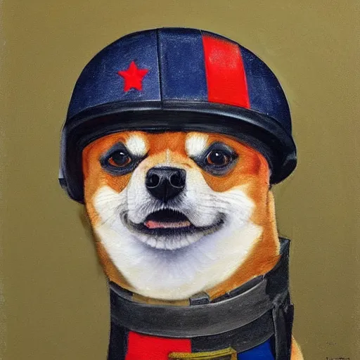 Prompt: A painting of a Shiba Inu dog wearing a soldier's helmet