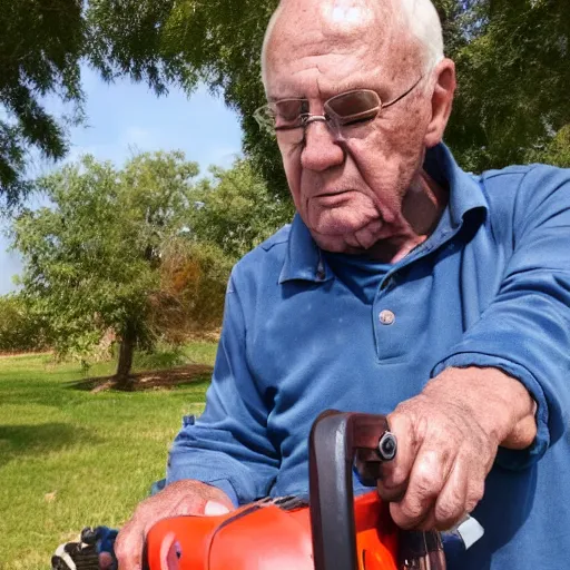 Prompt: photo of my grandfather accidentally taking a selfie with the front camera while trying to start the chainsaw but it never starts the first time so he is angry