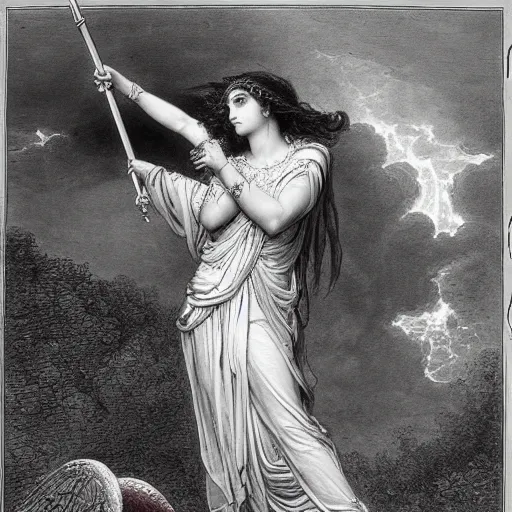 Prompt: beautiful gorgeous Persephone with the prettiest eyes the world has seen with a spear in her hand, goddess of life and death, painting by gustave dore. Colored painting.