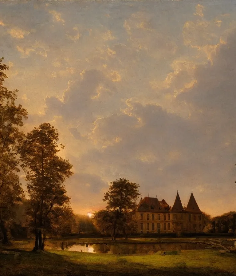 Image similar to Chateau de Ver. history painting, dusk, sunset lit Chateau, artstation, oil on canvas, by Albert Aublet, Private Collection