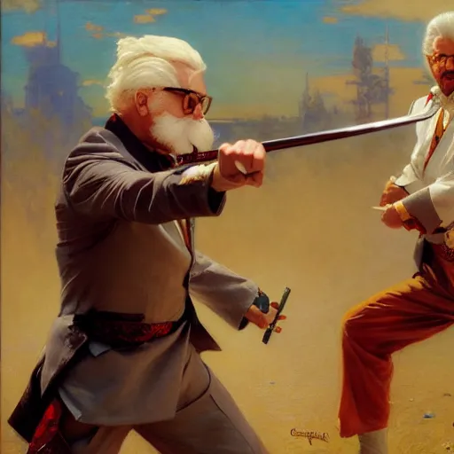 Image similar to colonel sanders with katana fighting donald mcdonald with gun, highly detailed painting by gaston bussiere, craig mullins, j. c. leyendecker, 8 k