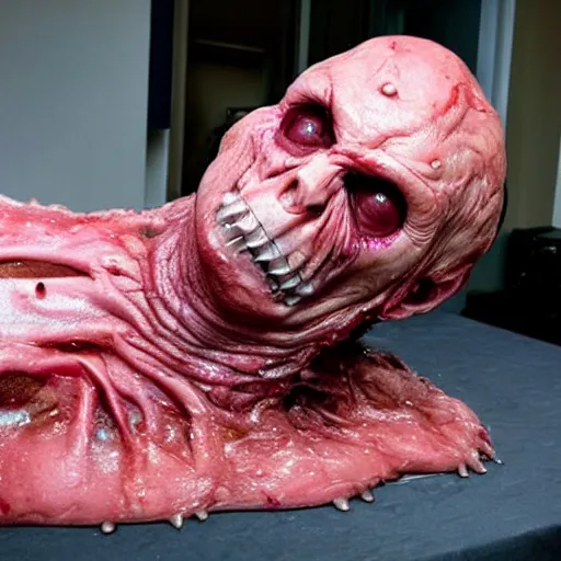 Image similar to the melting slimy face of villain mitch mcconnell flesh monster. horror film production photograph.