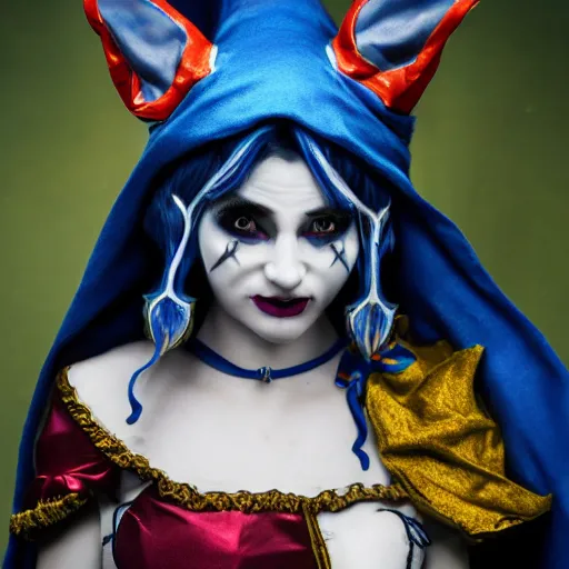 Image similar to full body photo beautiful jester rogue, highly detailed, 4k, HDR, smooth, sharp focus, hyper realistic, high resolution, award-winning photo