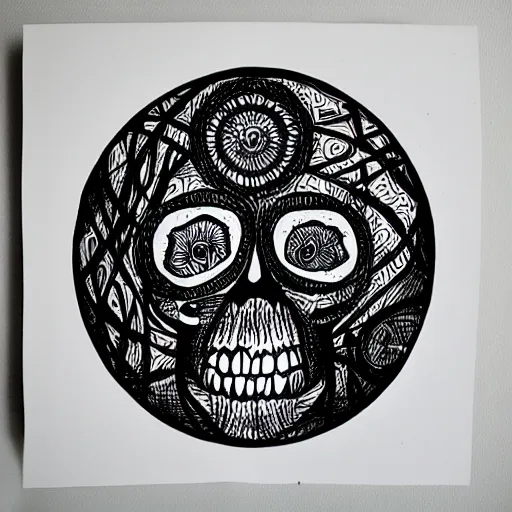 Image similar to circle, face, skull, ink, brush strokes, limited colour pattern, highly artistic