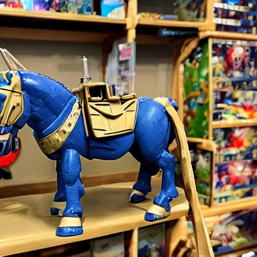 Image similar to full - color photo of a transformers toy that is a roman soldier which transforms into a horse - drawn chariot, displayed on a shelf in a toy store.