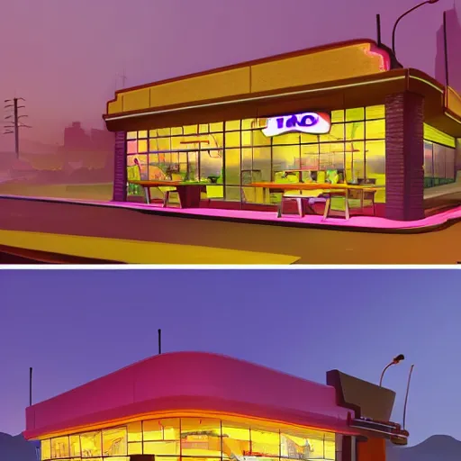 Prompt: taco bell fast food restaurant inspired by raphael lacoste, simon stalenhag, frank lloyd wright, zaha hadid, matte painting