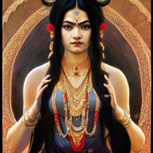 Prompt: Portrait of an hindu goddess with black hair, 3c, asian, dark art, D&D, fantasy, intricate, elegant, highly detailed, digital painting, artstation, concept art, matte, sharp focus, illustration, art by Artgerm and Greg Rutkowski and Alphonse Mucha