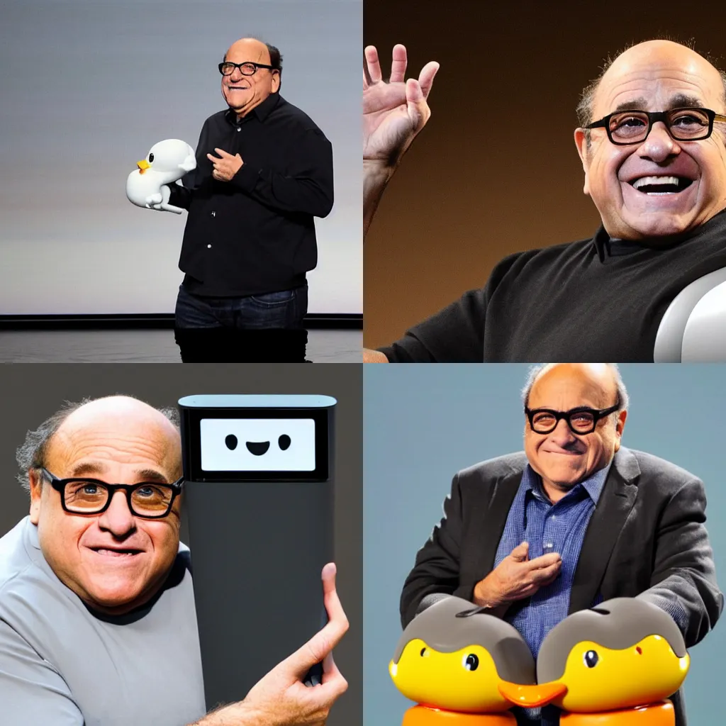 Prompt: Danny DeVito CEO of Apple unveils new iDuck a Robot Duck