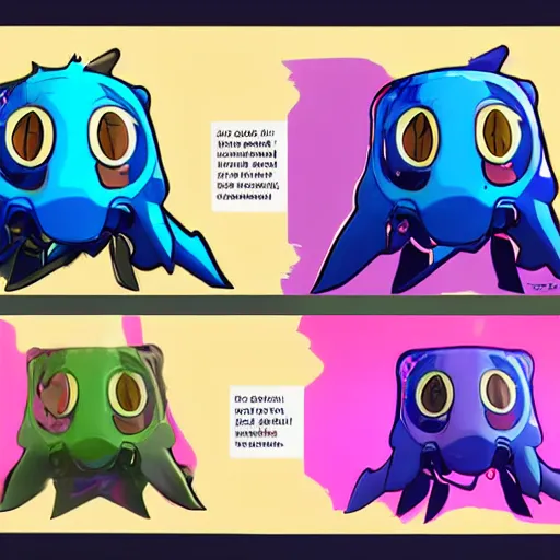 Prompt: character design sheets for a mantaray character who sells spray paint cans and has a sculpting gig on the side, designed by splatoon nintendo, inspired by tim shafer psychonauts 2 by double fine, cgi, professional design, gaming