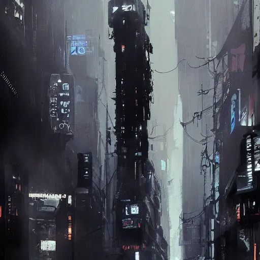 Image similar to blade runner dark narrow streets overhead cables ducts pipes monitors by ashley wood and phil hale, 4 k detailed post processing