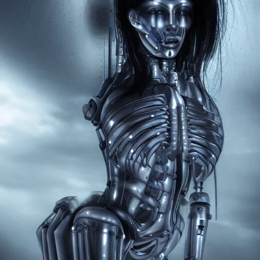 Image similar to Masterpiece full body portrait of a beautiful female cyborg with a beautiful face and flawless skin, parts of her body are made of transparent plastic, symmetrical, surreal H.R. Giger dream landscape, eerie fog, cinematic lighting, 8k