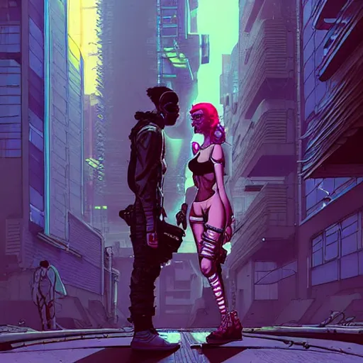 Image similar to A cyberpunk couple has an intimacy on the street of a cyberpunk city art by Josan Gonzalez, sci-fi, highly detailed, digital painting, artstation, smooth, sharp focus, illustration, concept art by Josan Gonzalez and James Gurney and Mœbius