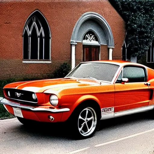 Image similar to Ford Mustang in front of a church in the 90\'s.