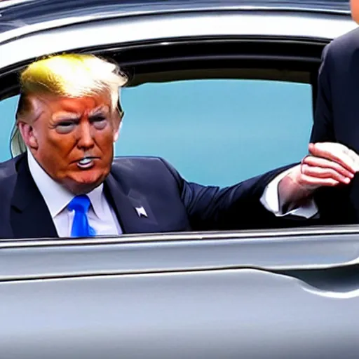 Image similar to photo of trump with handcuffs on his hands, being taken from his golf course to an fbi car