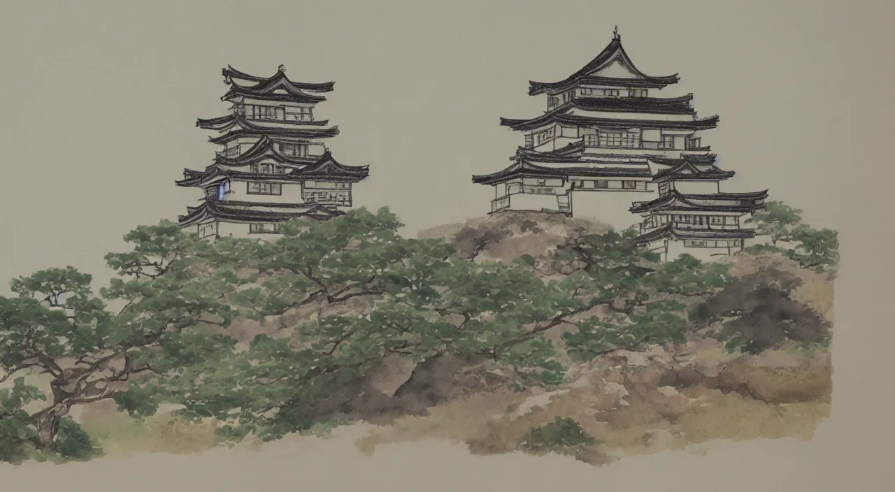 Prompt: a watercolour painting of a Japanese castle