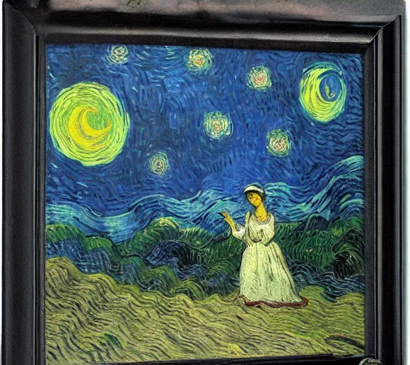 Image similar to Victorian woman singing quietly by a sacred lake at night, bright fire flies, big moon, stars, painted by Vincent van Gogh, Jacques-Louis David detailed