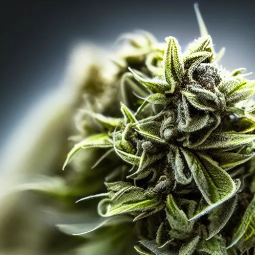 Prompt: beautiful marijuana flower with buds covered in stunning trichomes, extreme close - up highly - detailed macro photography, focus, centered, dslr in the style of high times